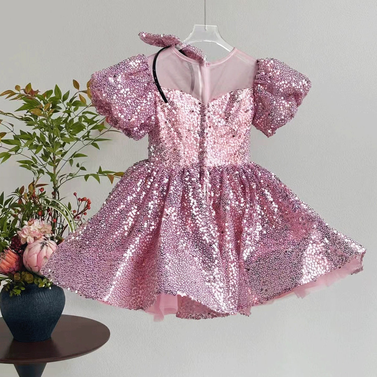 D187 pink sequin puff sleeve flower girl dress