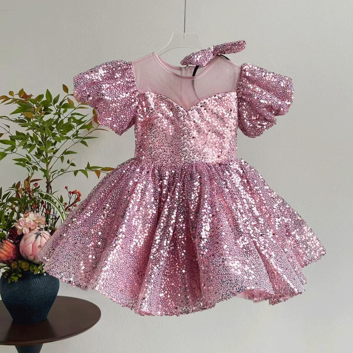 D187 pink sequin puff sleeve flower girl dress