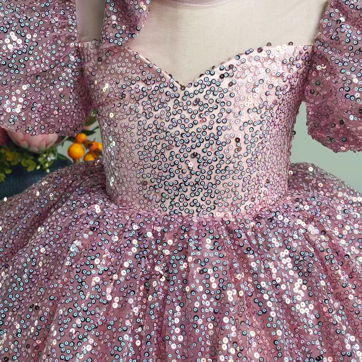 D187 pink sequin puff sleeve flower girl dress