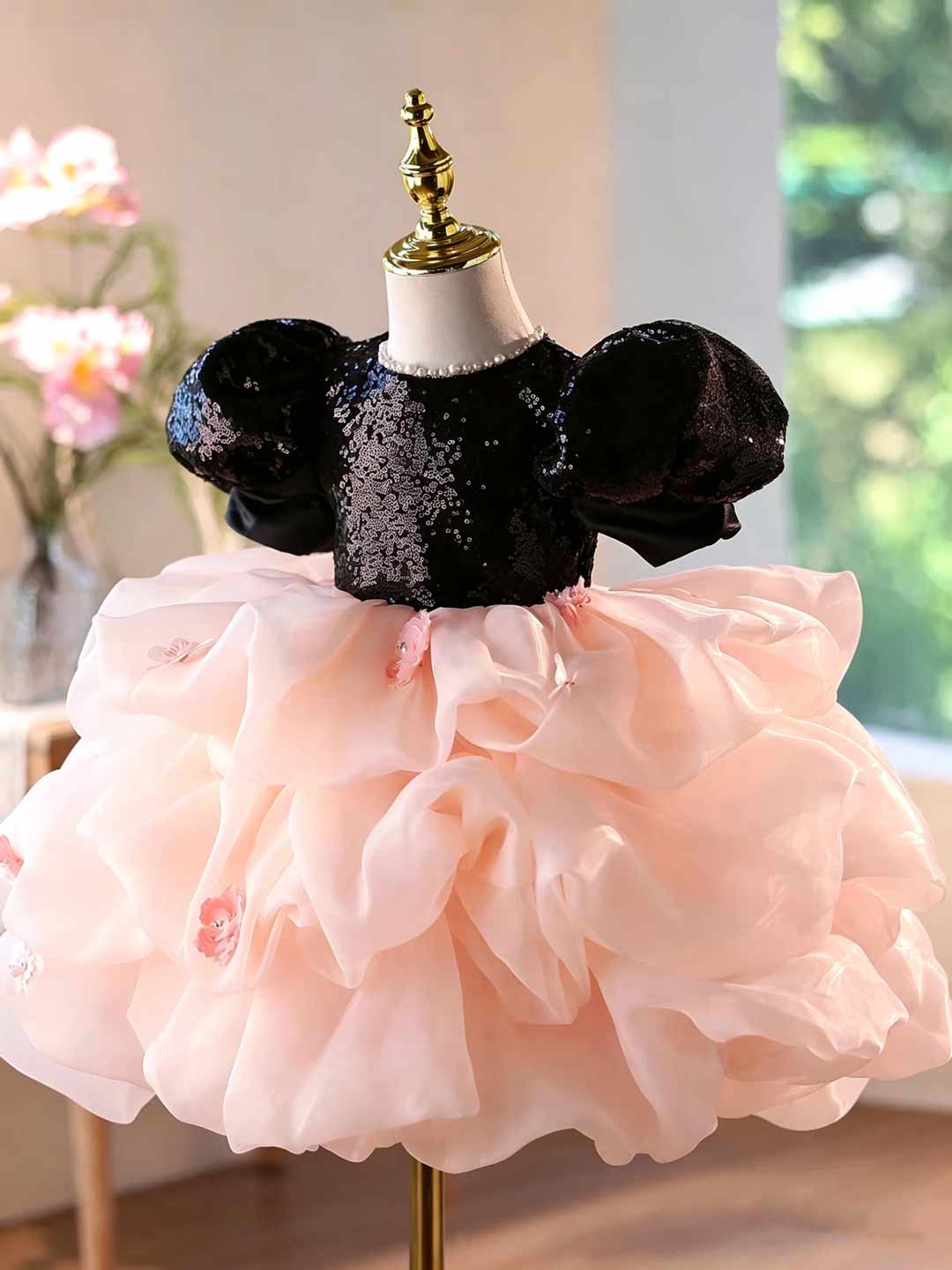 D246 black and pink sequin ruffled flower girl dress