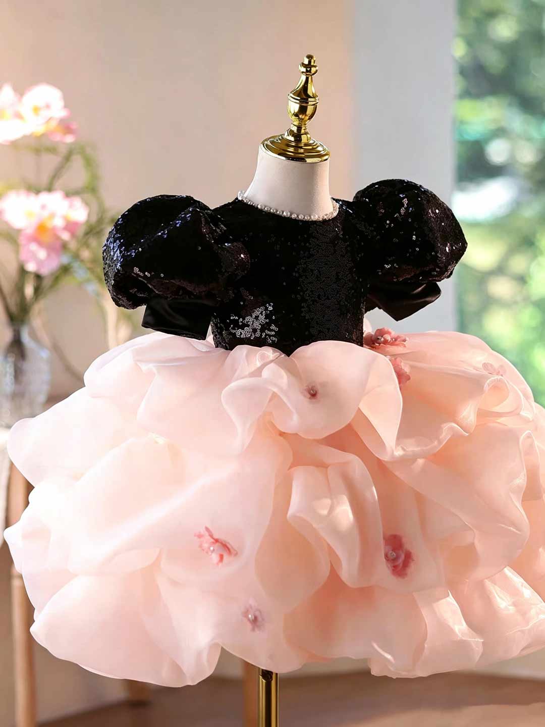 D246 black and pink sequin ruffled flower girl dress