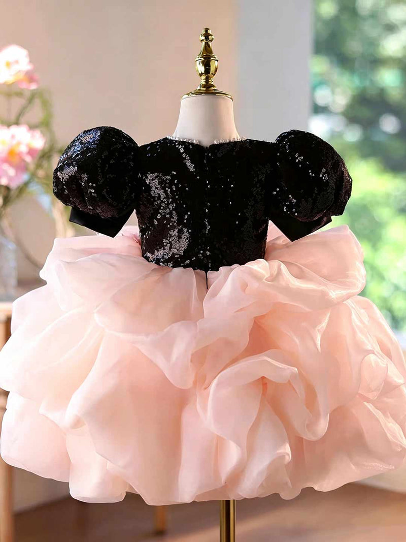 D246 black and pink sequin ruffled flower girl dress