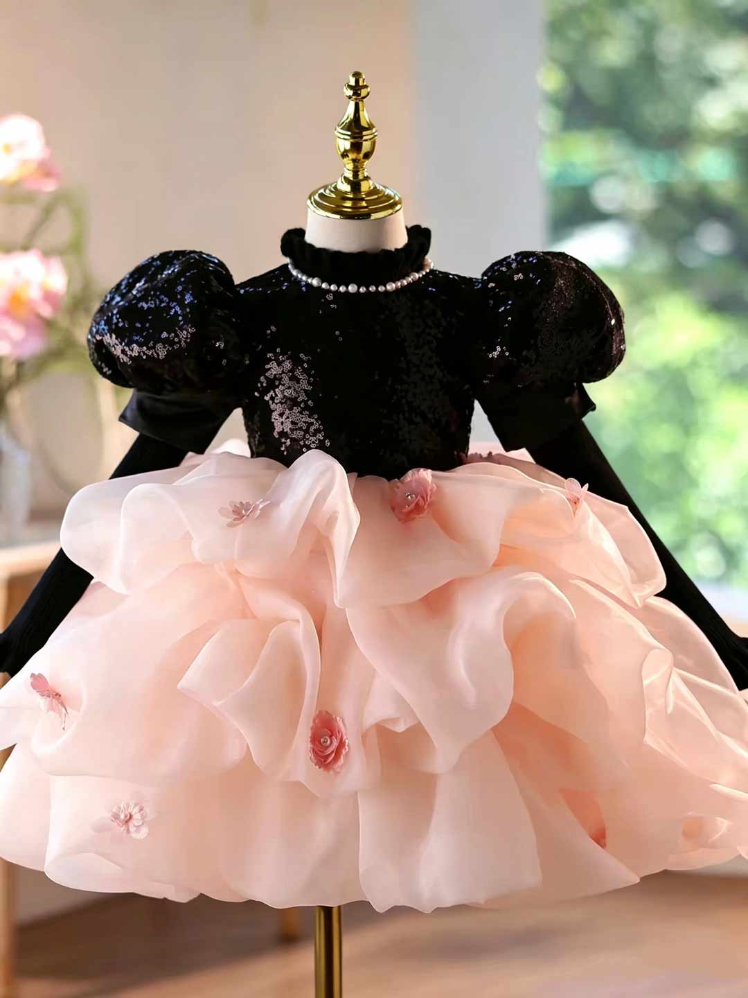 D246 black and pink sequin ruffled flower girl dress