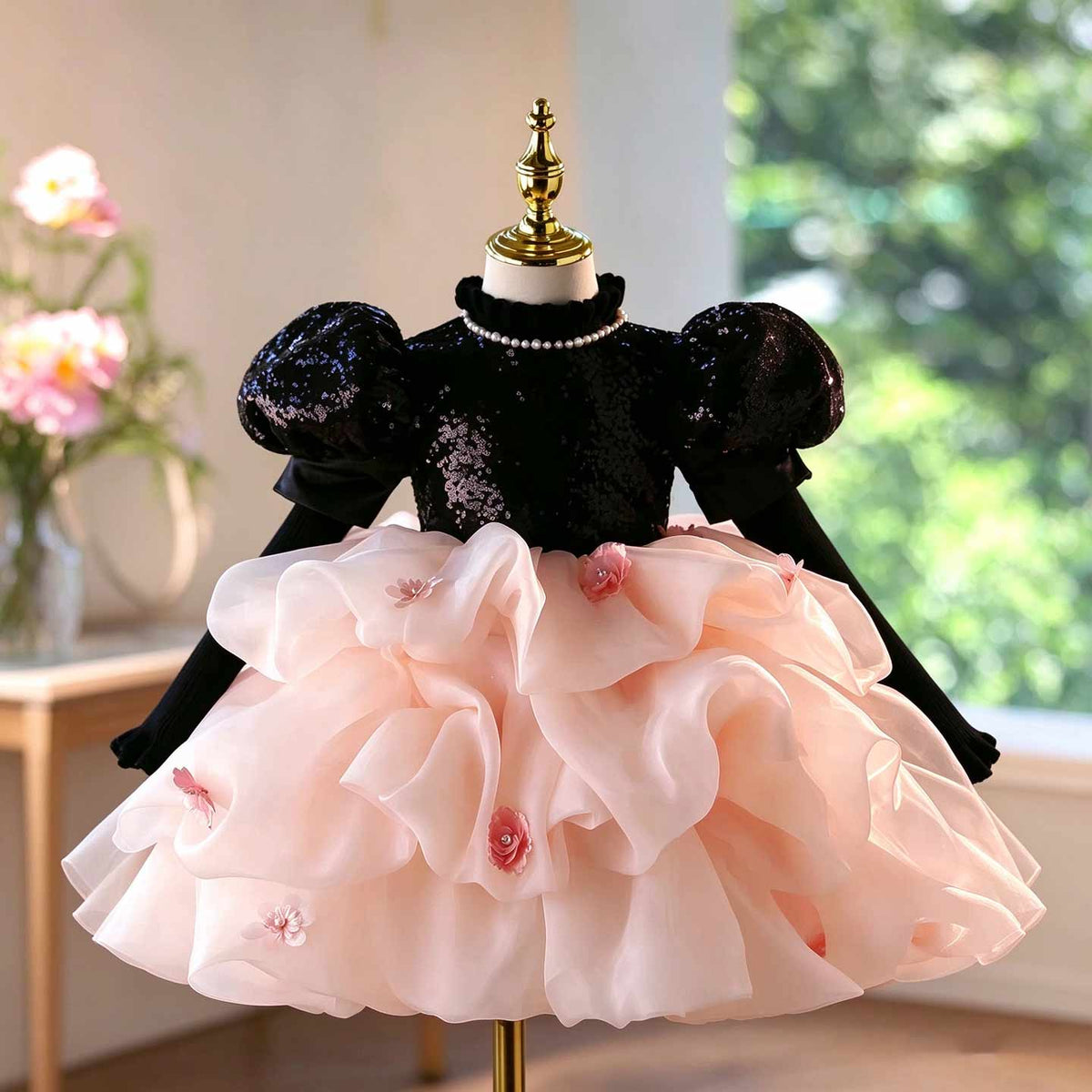 D246 black and pink sequin ruffled flower girl dress