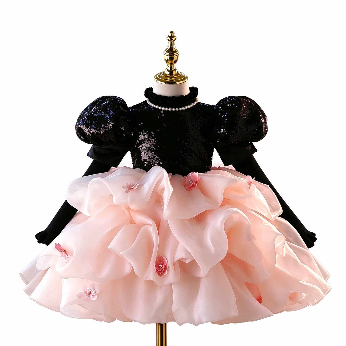 D246 black and pink sequin ruffled flower girl dress