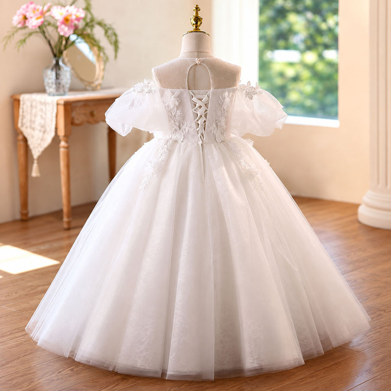 White 3D floral tulle flower girl ball gown D370 — view