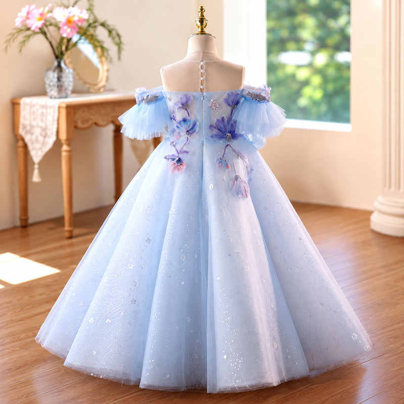 Blue 3D floral butterfly flower girl ball gown D371