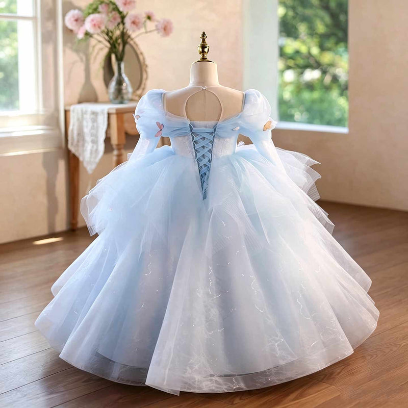 Blue floral tulle flower girl ball gown D372 5