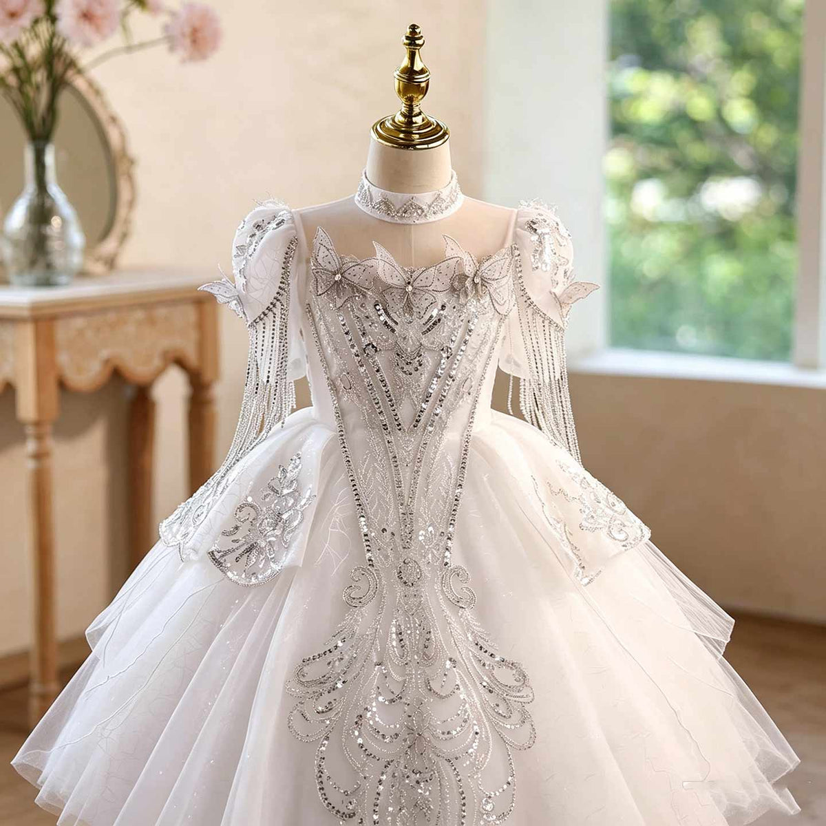 White butterfly beaded tulle flower girl ball gown D373 1