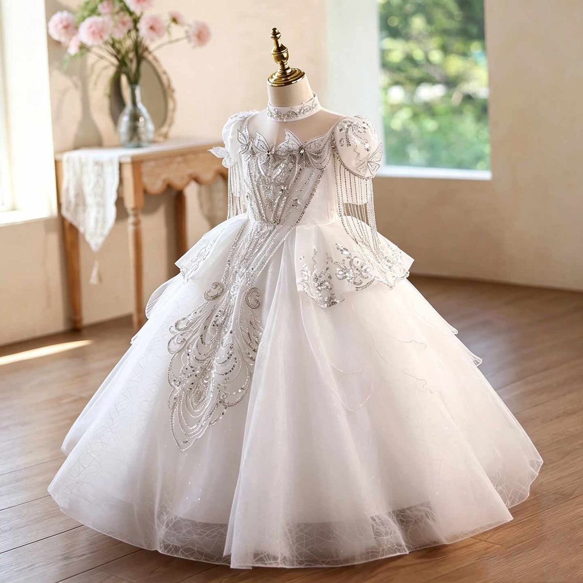 White butterfly beaded tulle flower girl ball gown D373 2