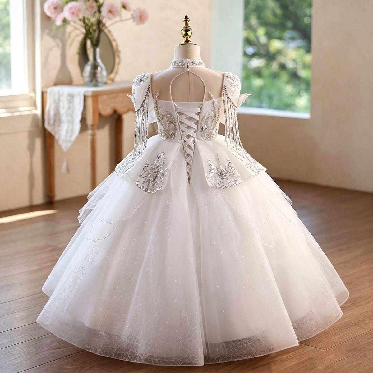 White butterfly beaded tulle flower girl ball gown D373 3