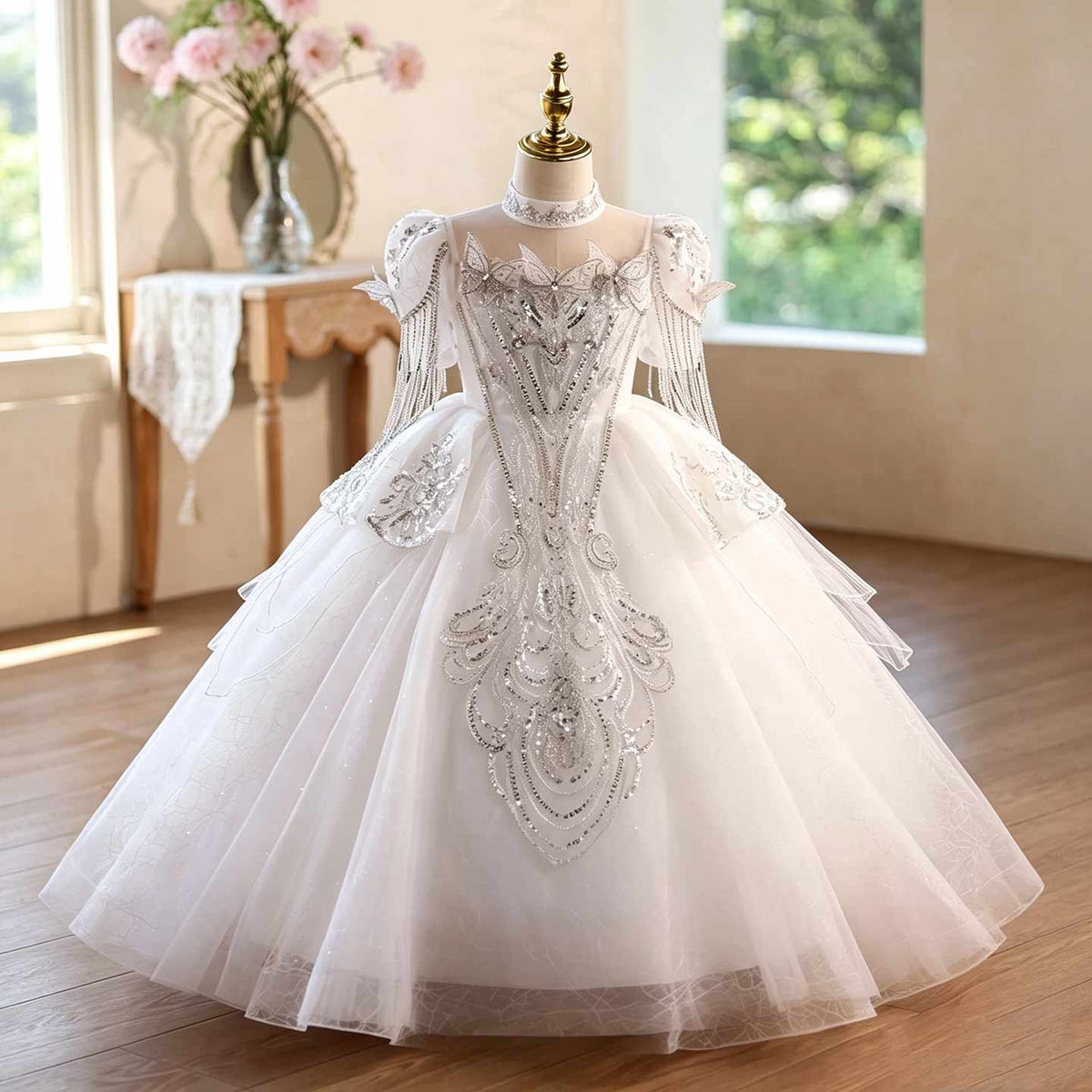 White butterfly beaded tulle flower girl ball gown D373 4