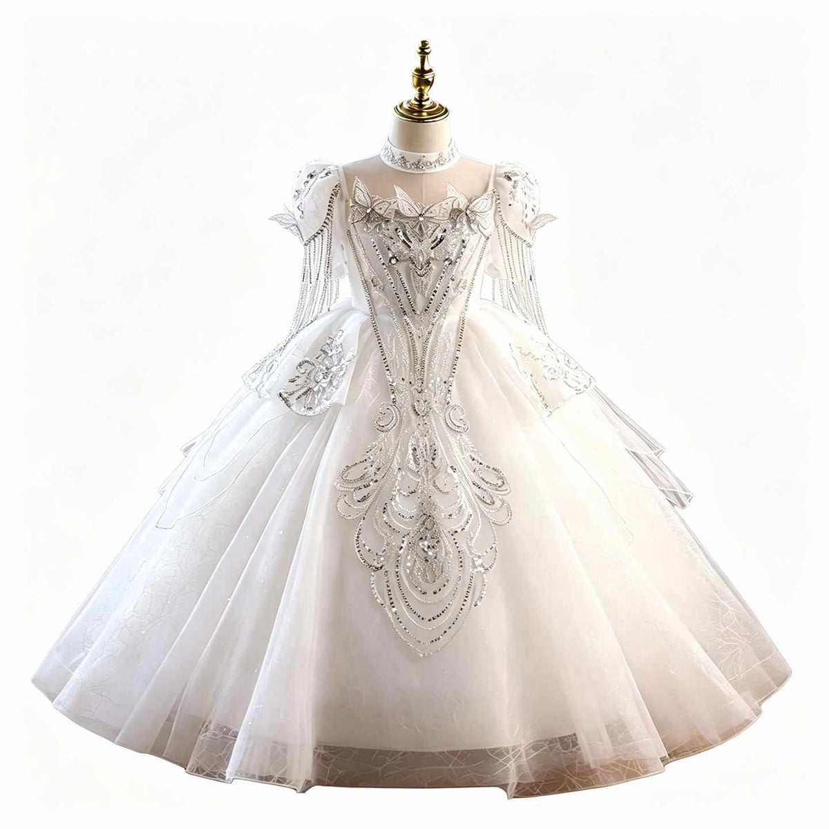 White butterfly beaded tulle flower girl ball gown D373 5