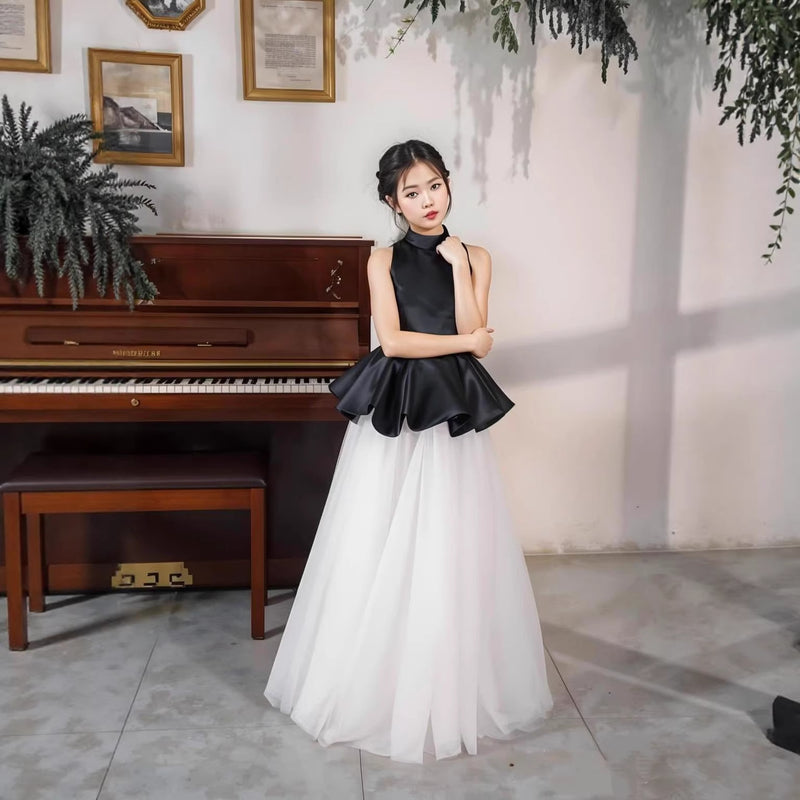 Black and white satin tulle flower girl dress D374 1