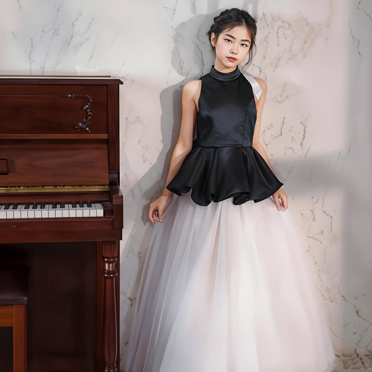 Black and white satin tulle flower girl dress D374 2