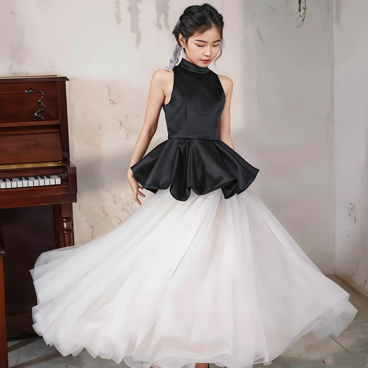 Black and white satin tulle flower girl dress D374 3