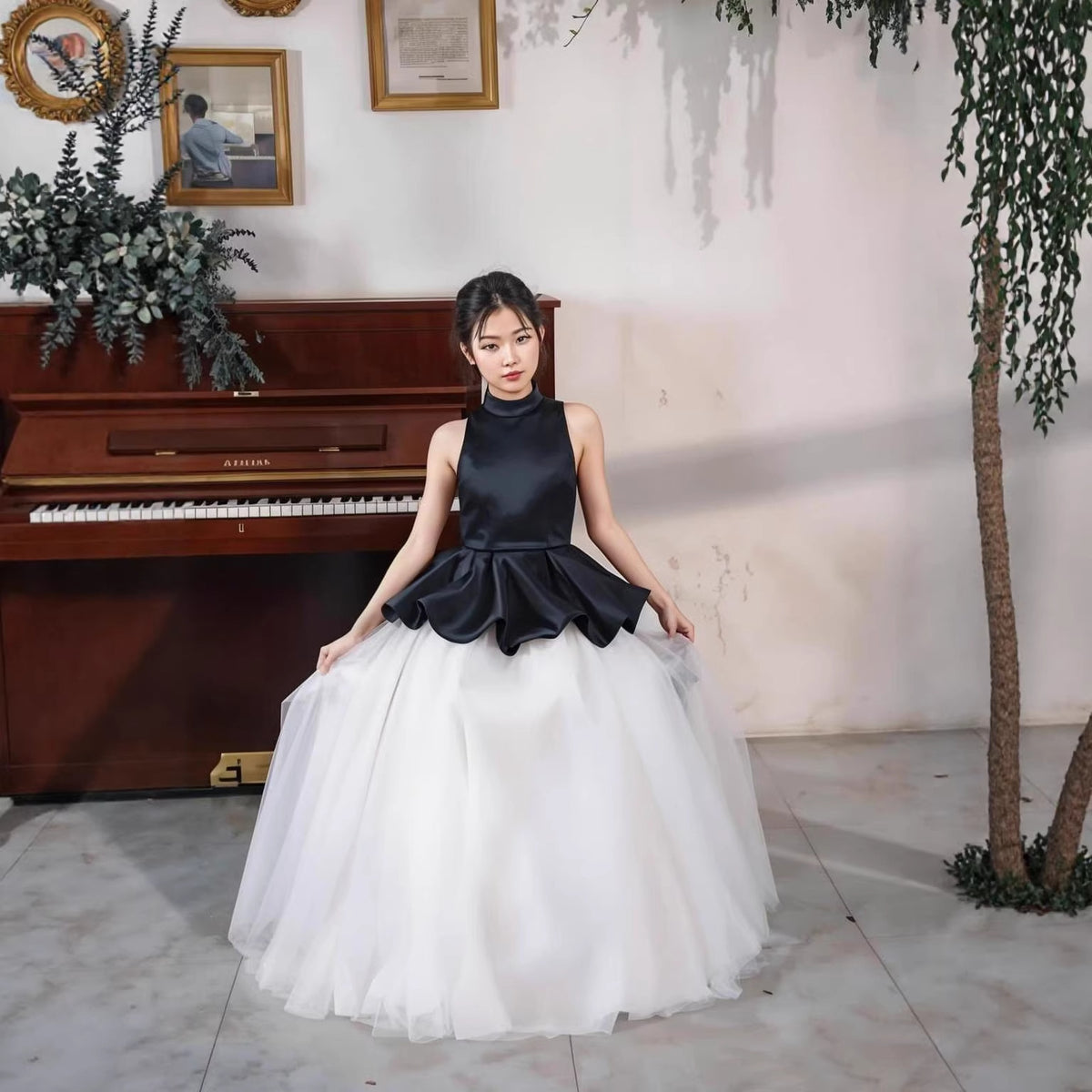 Black and white satin tulle flower girl dress D374 4