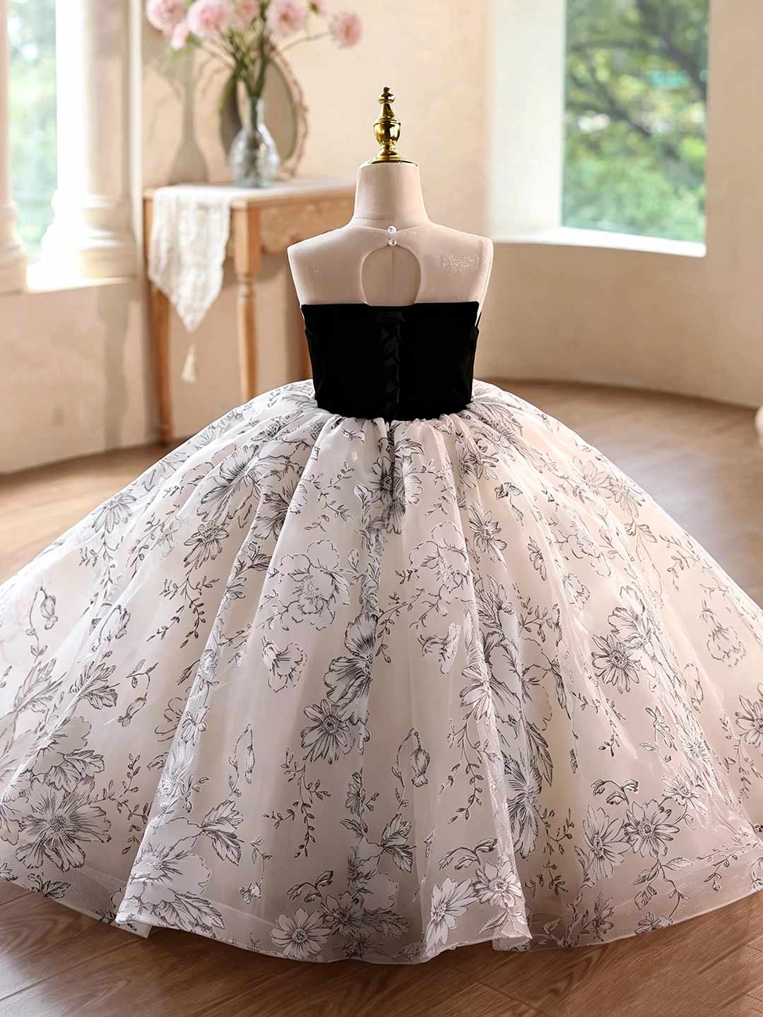 Black floral tulle flower girl ball gown D375 2