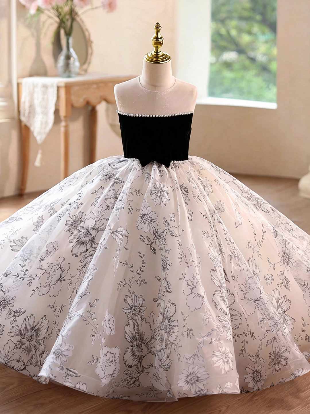Black floral tulle flower girl ball gown D375 3