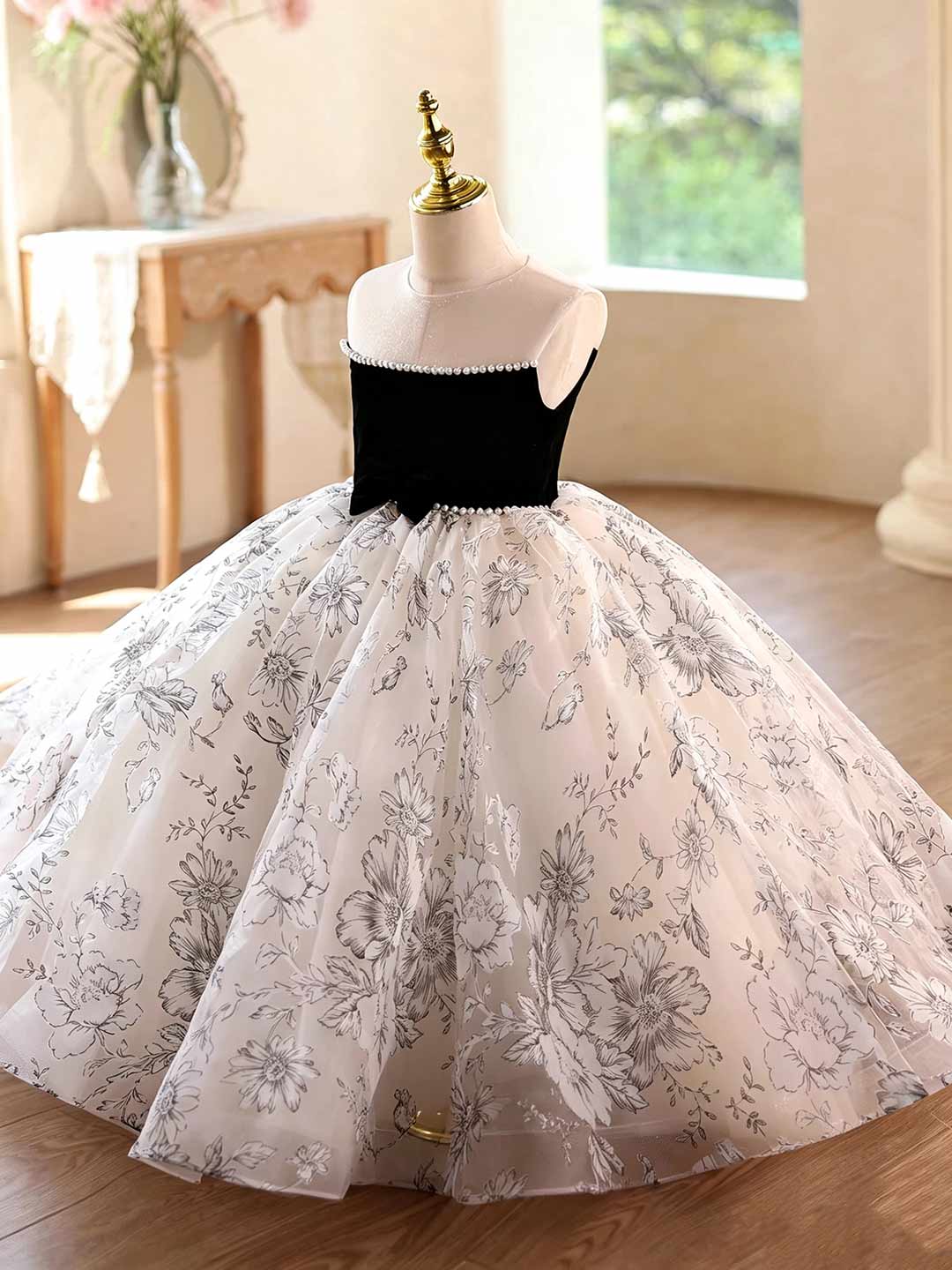 Black floral tulle flower girl ball gown D375 4