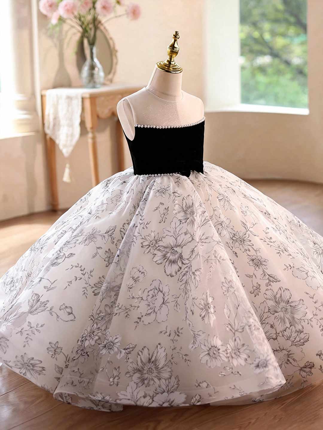 Black floral tulle flower girl ball gown D375 5