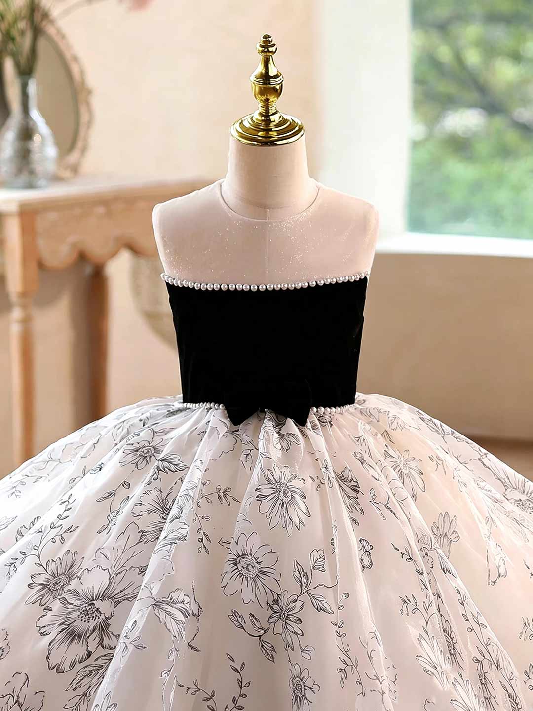 Black floral tulle flower girl ball gown D375 6