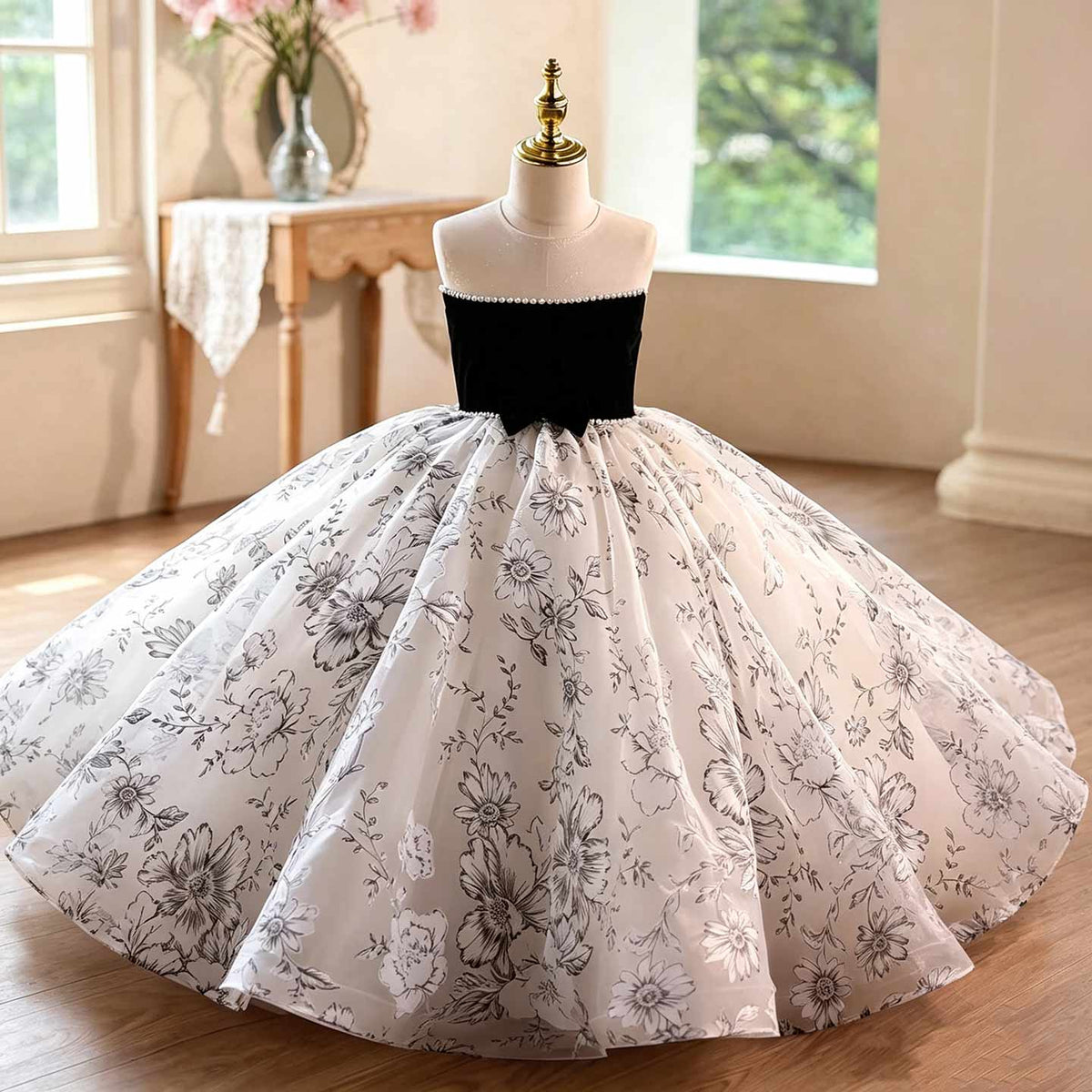 Black floral tulle flower girl ball gown D375 1