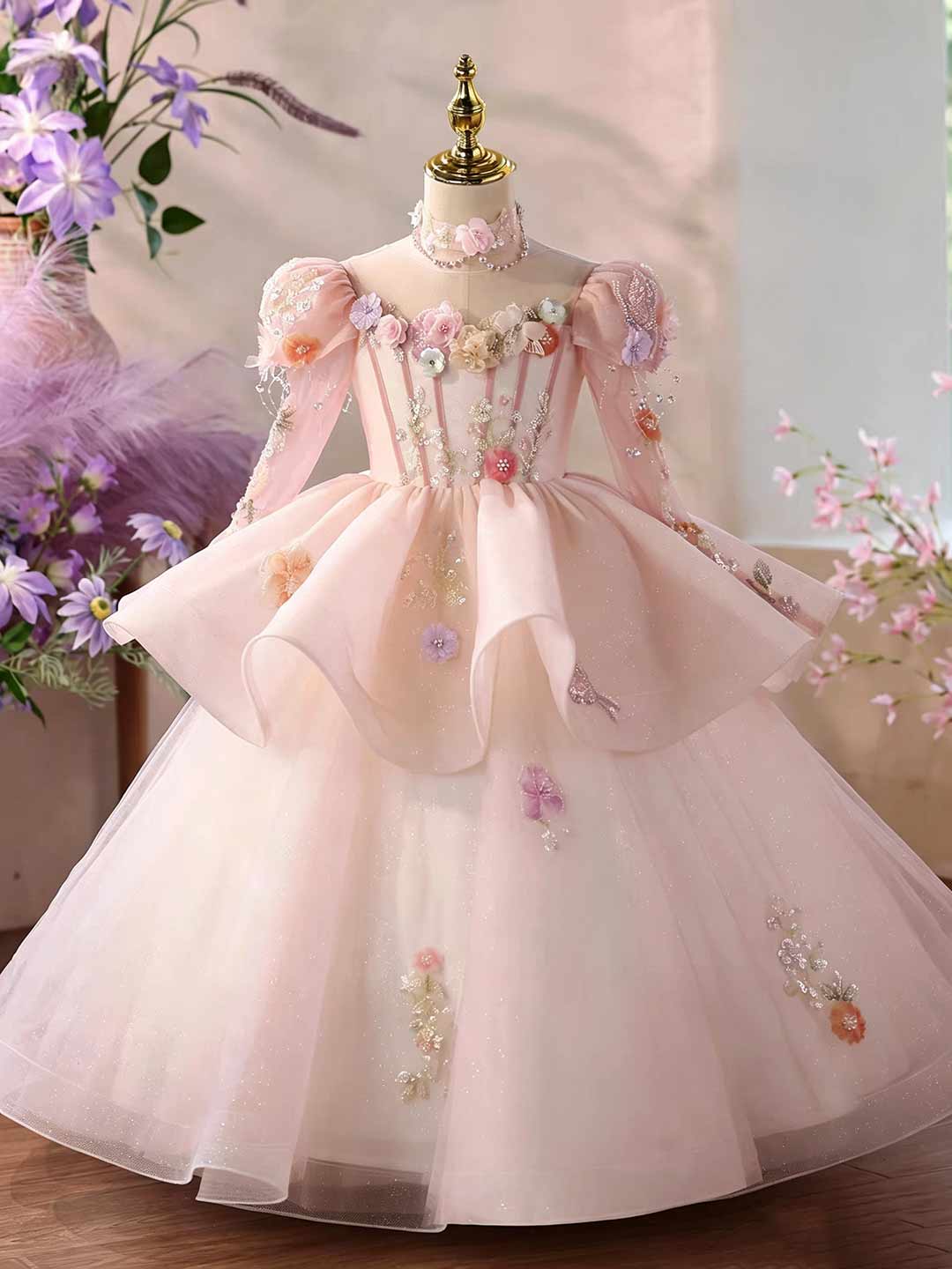Pink 3D floral tulle flower girl ball gown D376 2