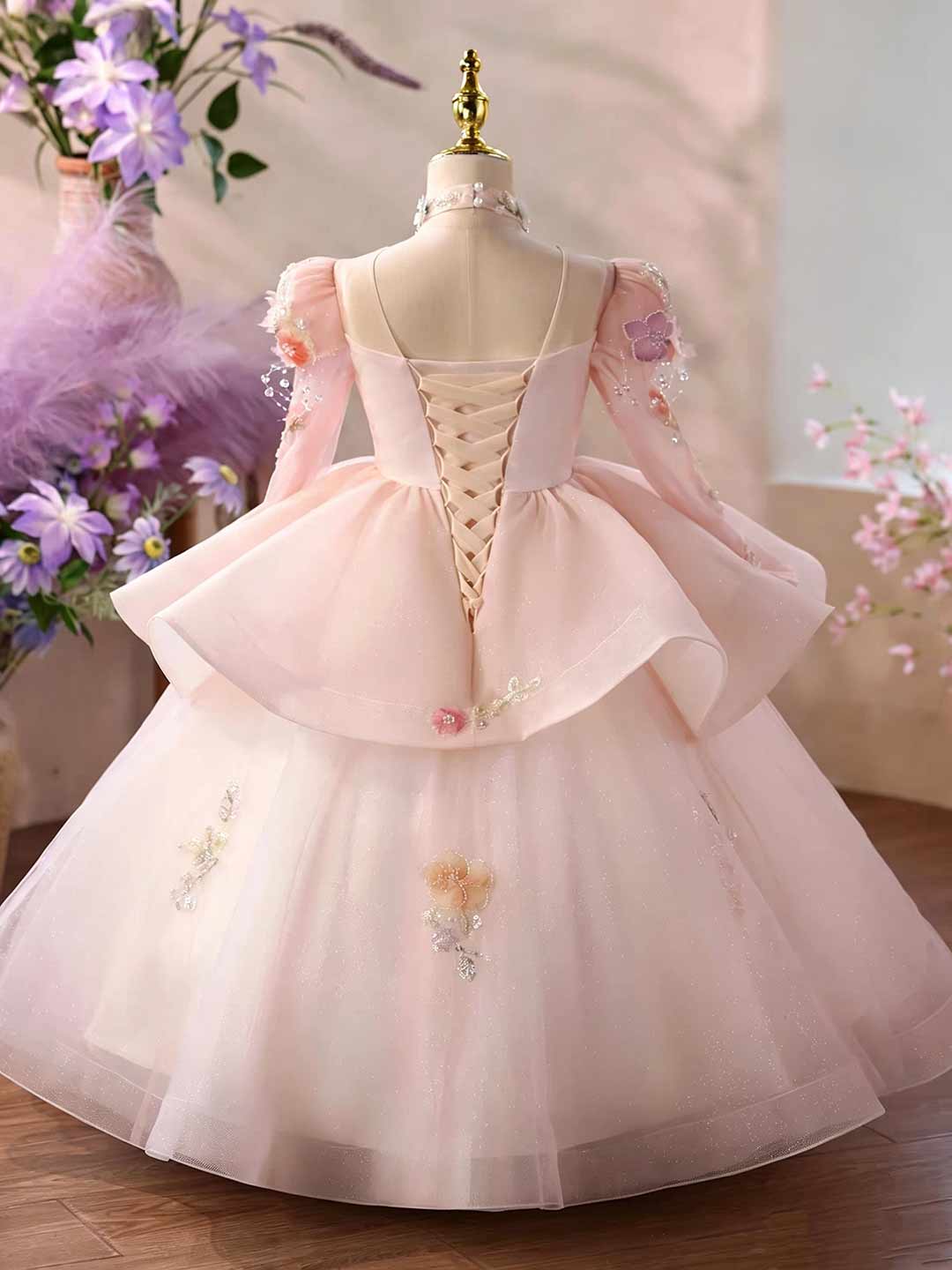 Pink 3D floral tulle flower girl ball gown D376 3