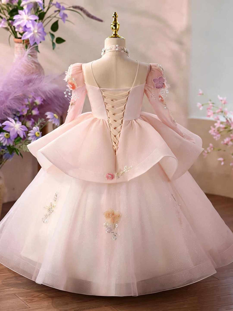 Pink 3D floral tulle flower girl ball gown D376 3