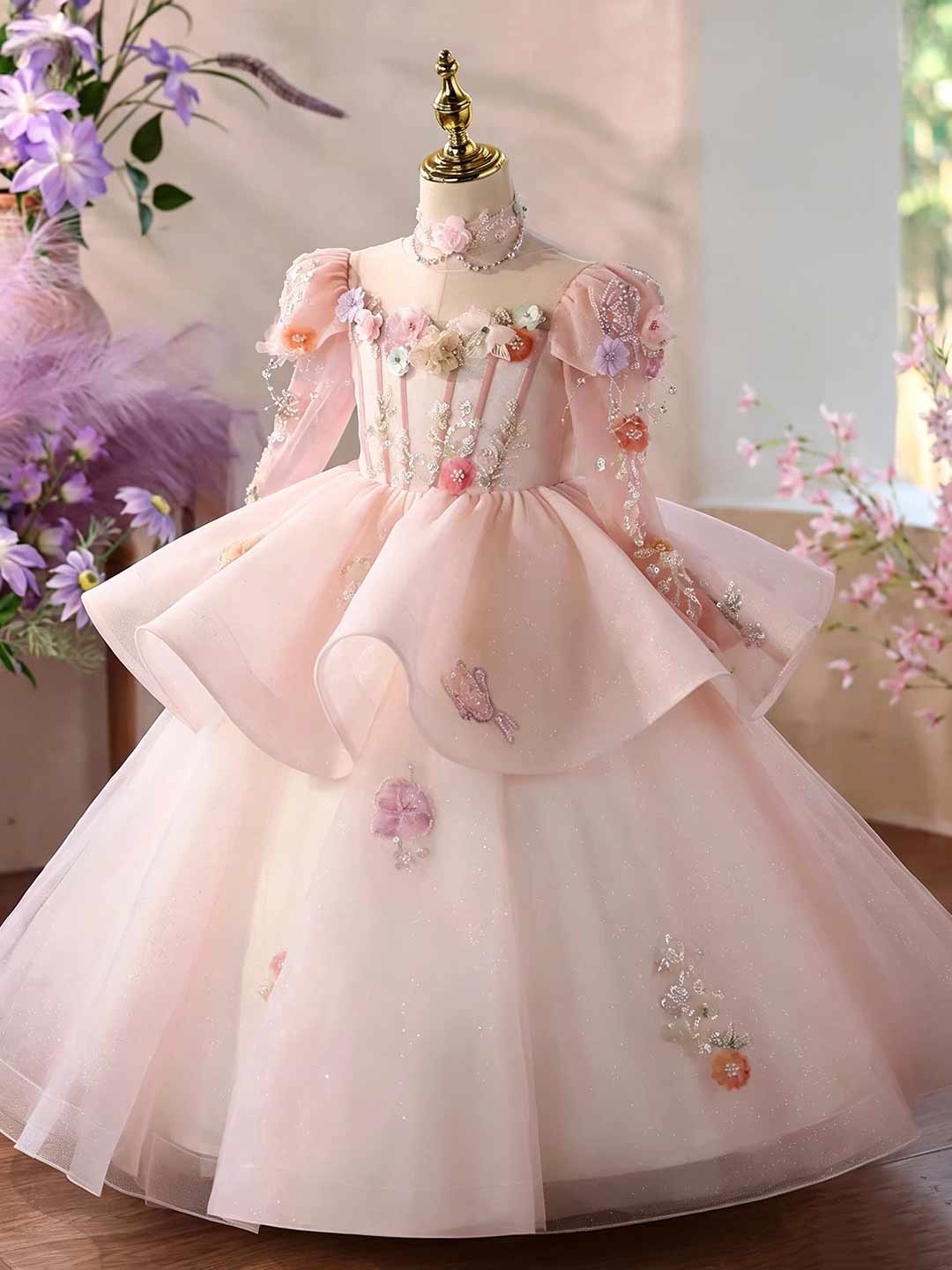 Pink 3D floral tulle flower girl ball gown D376 4