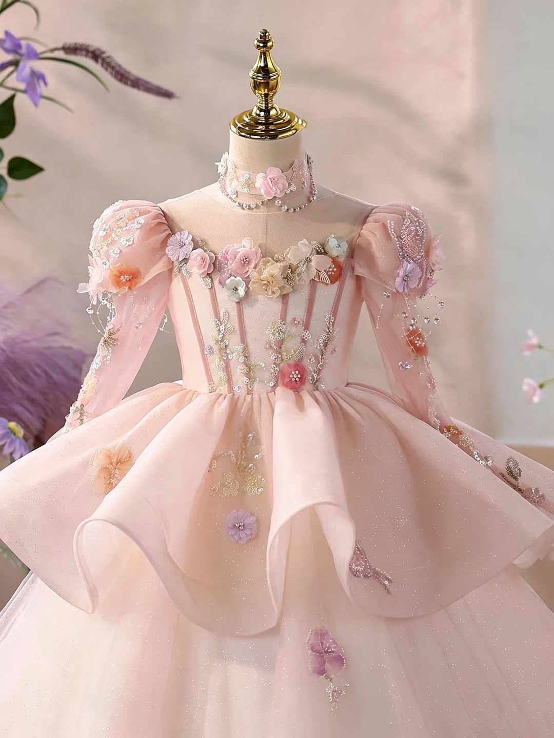 Pink 3D floral tulle flower girl ball gown D376 5