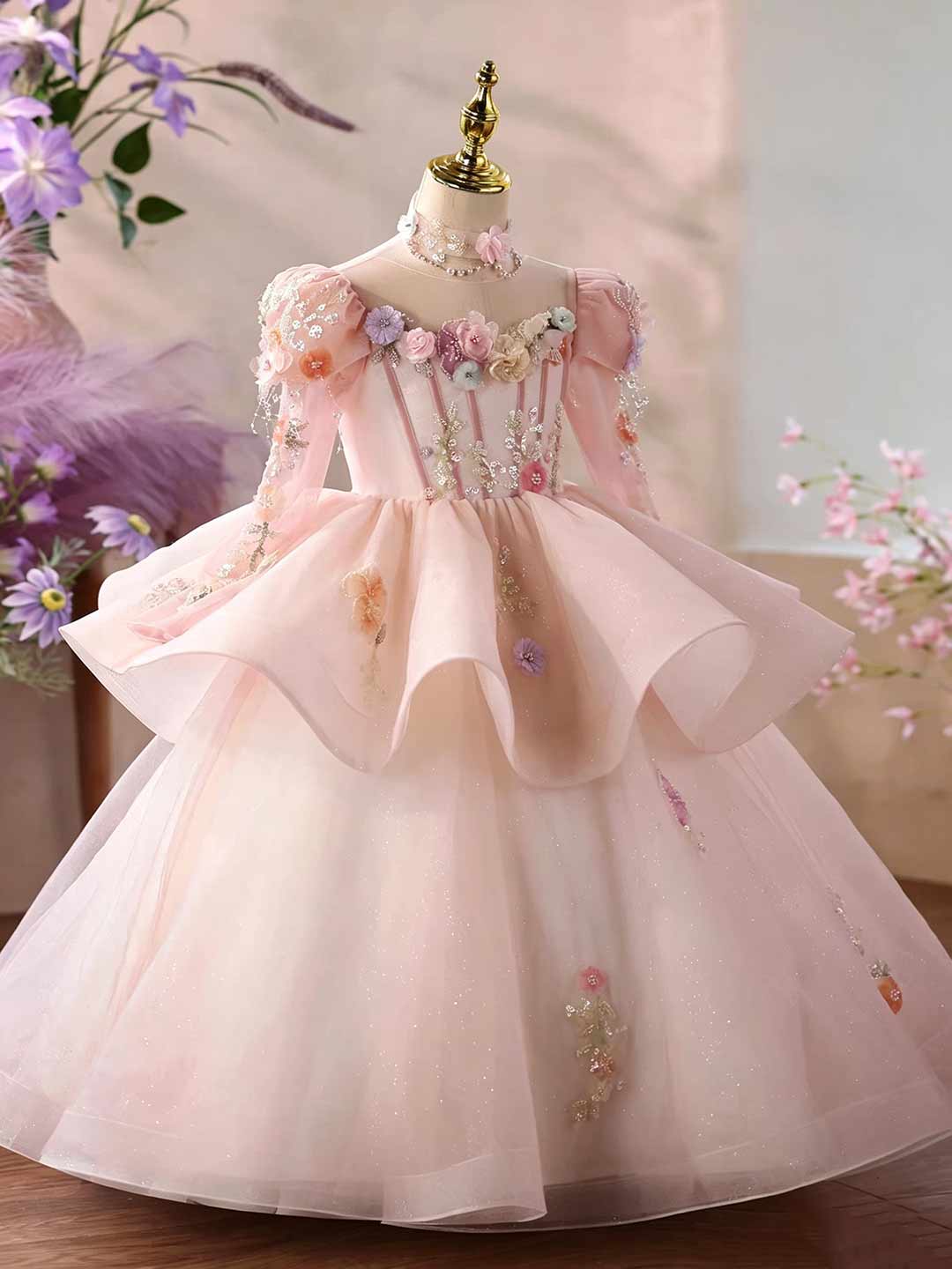 Pink 3D floral tulle flower girl ball gown D376 6