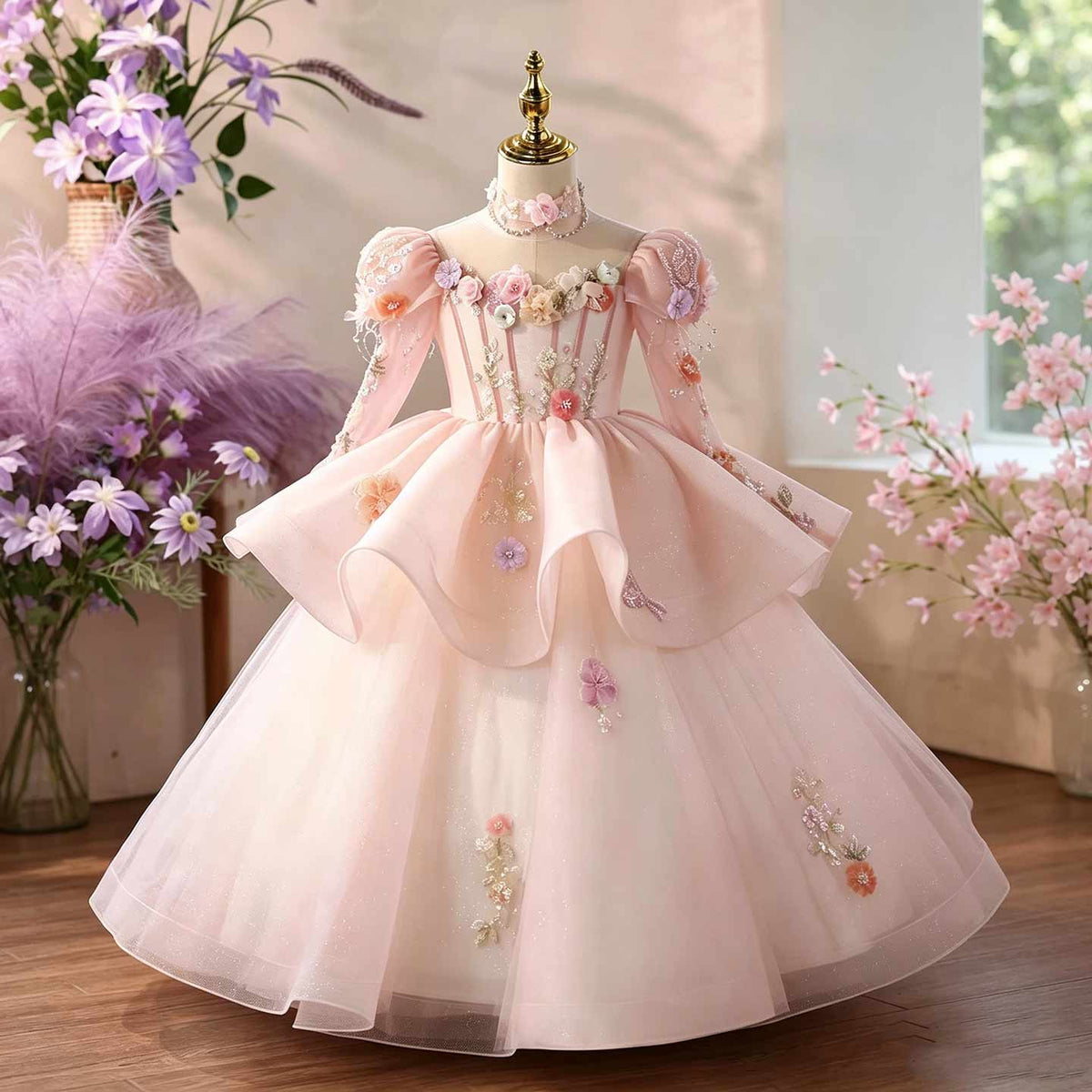 Pink 3D floral tulle flower girl ball gown D376 1