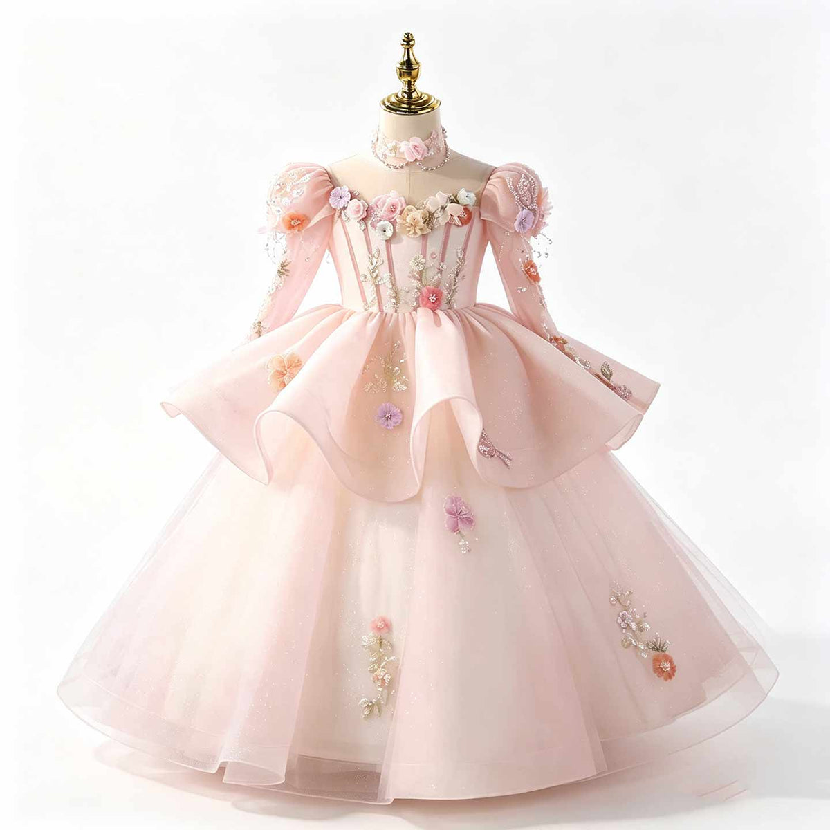 Pink 3D floral tulle flower girl ball gown D376 7