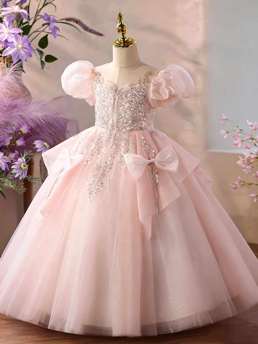 Pink beaded tulle flower girl ball gown D377 2