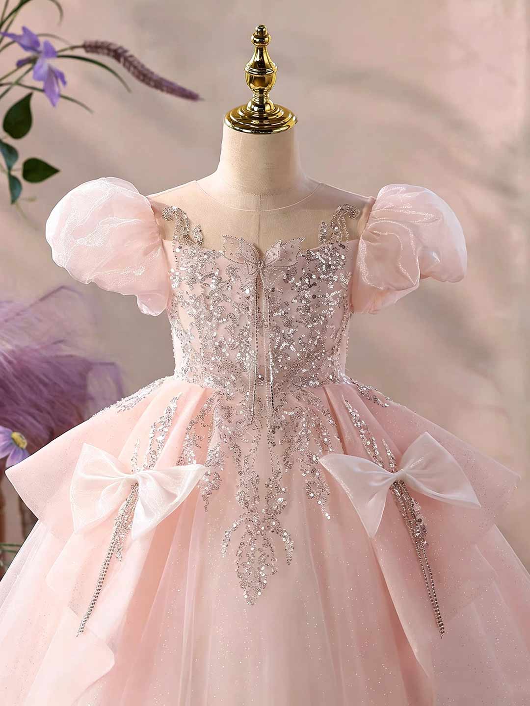 Pink beaded tulle flower girl ball gown D377 3