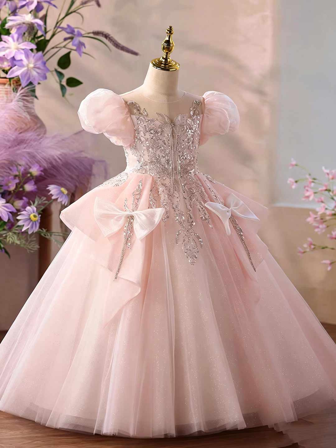 Pink beaded tulle flower girl ball gown D377 4