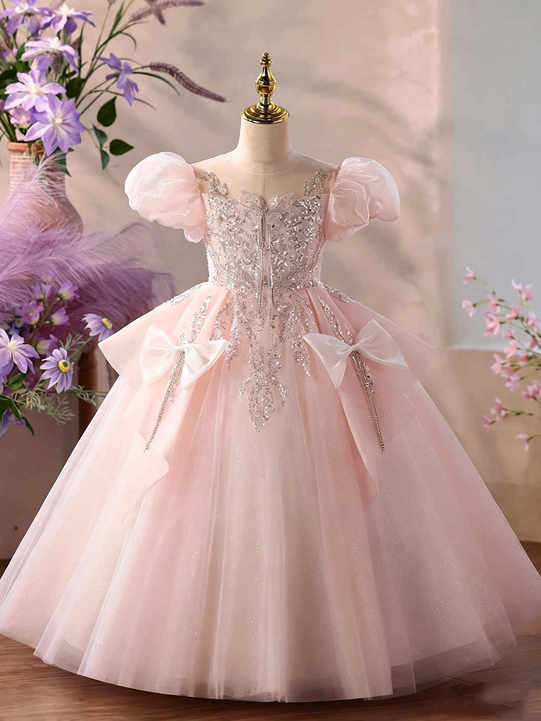 Pink beaded tulle flower girl ball gown D377 5