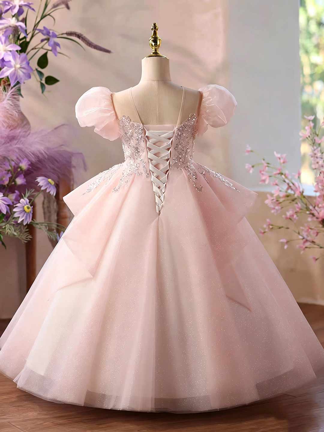 Pink beaded tulle flower girl ball gown D377 6