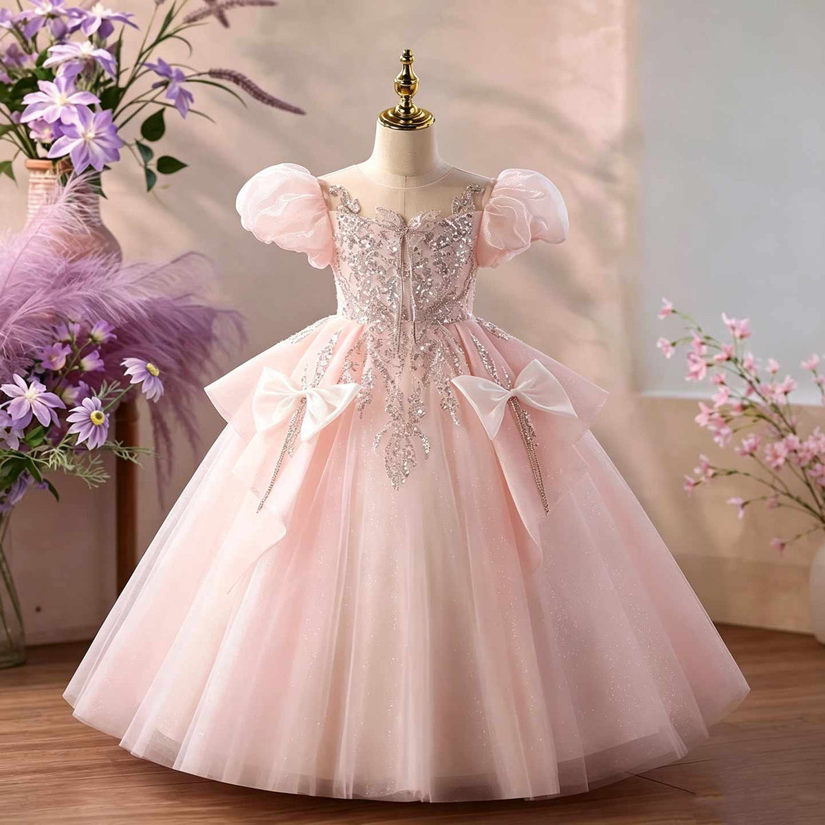 Pink beaded tulle flower girl ball gown D377 1