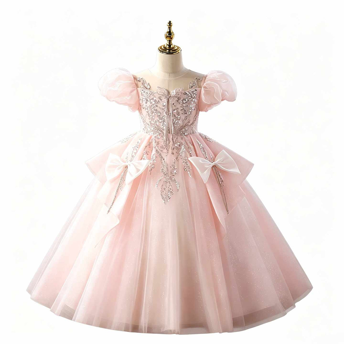 Pink beaded tulle flower girl ball gown D377 7