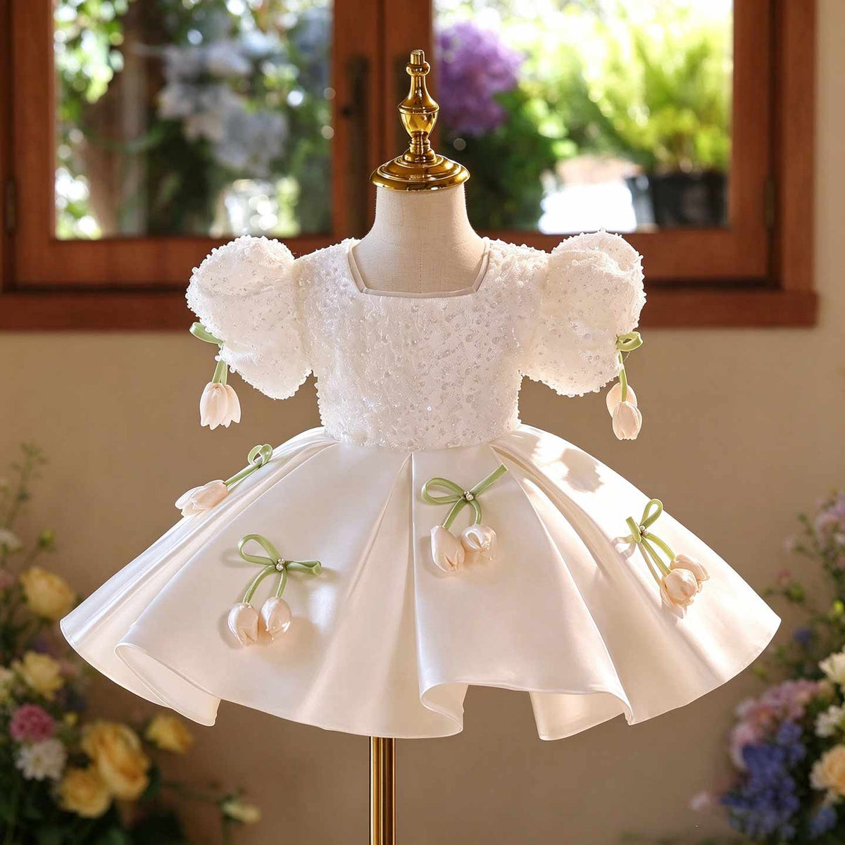 D601 White tulip puff sleeve flower girl dress