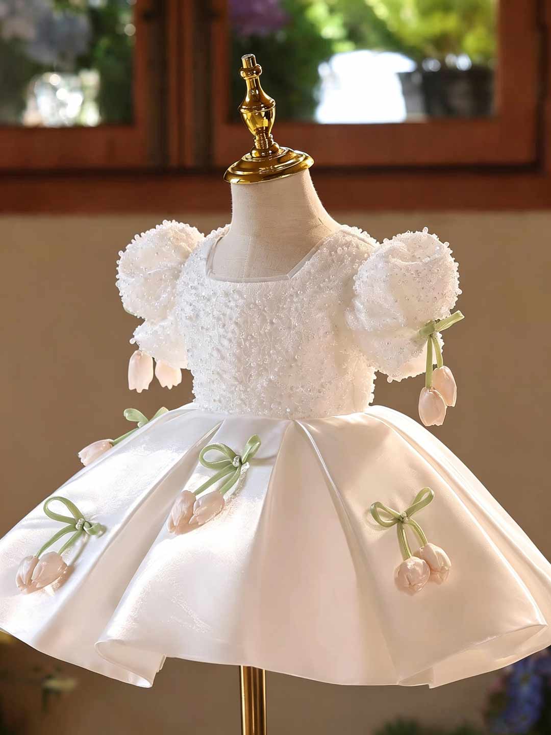 D601 White tulip puff sleeve flower girl dress