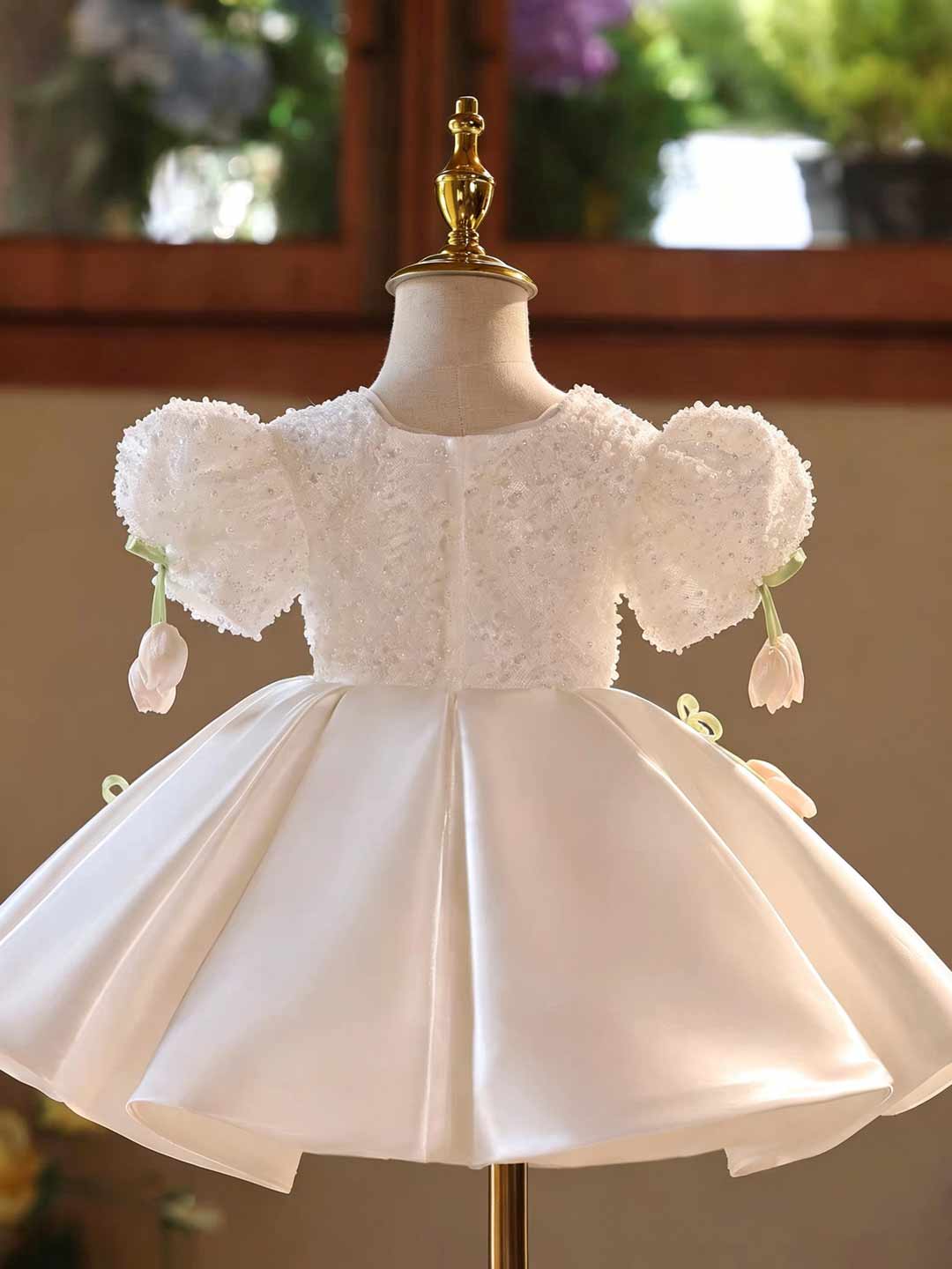 D601 White tulip puff sleeve flower girl dress