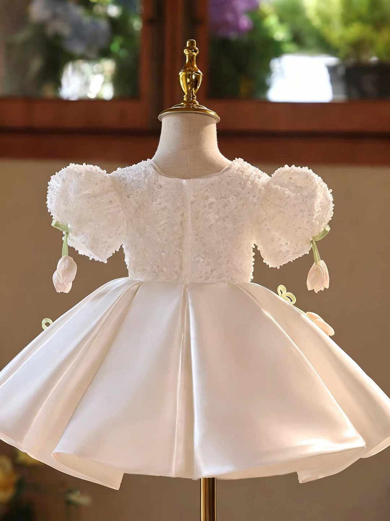 D601 White tulip puff sleeve flower girl dress