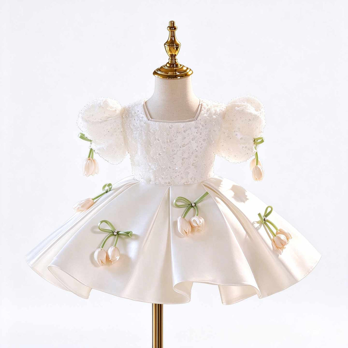 D601 White tulip puff sleeve flower girl dress