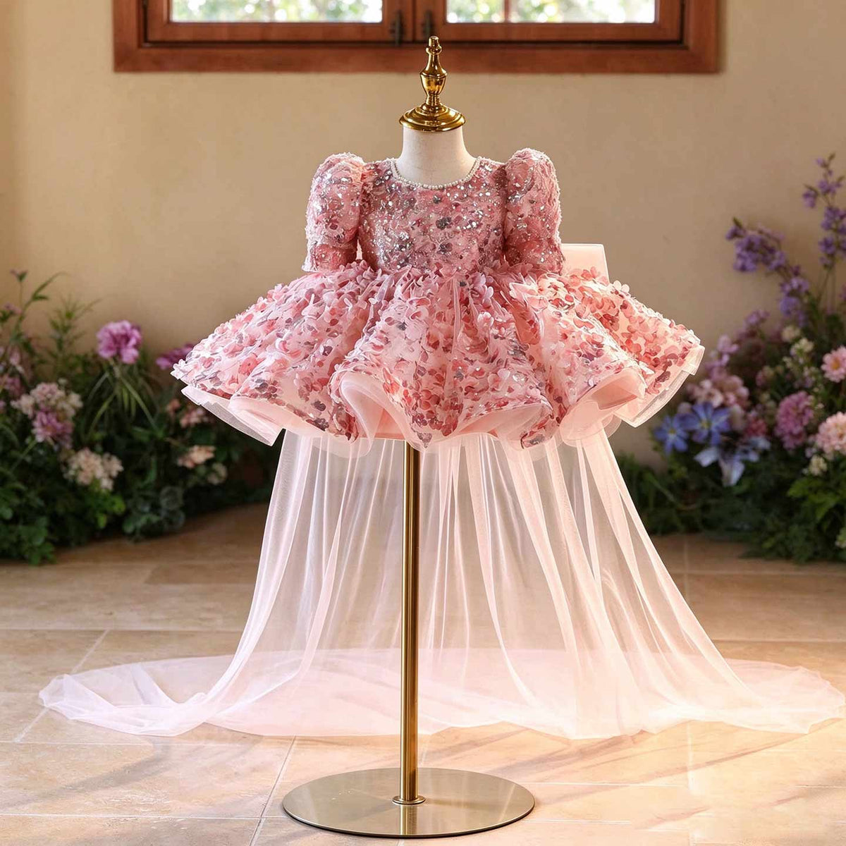D602 pink floral puff sleeve flower girl dress