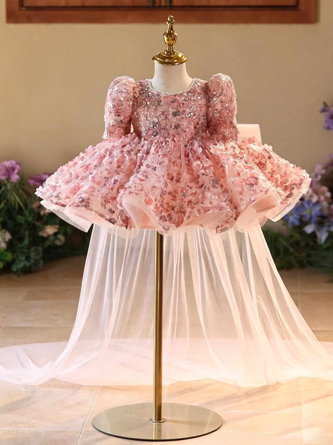 D602 pink floral puff sleeve flower girl dress