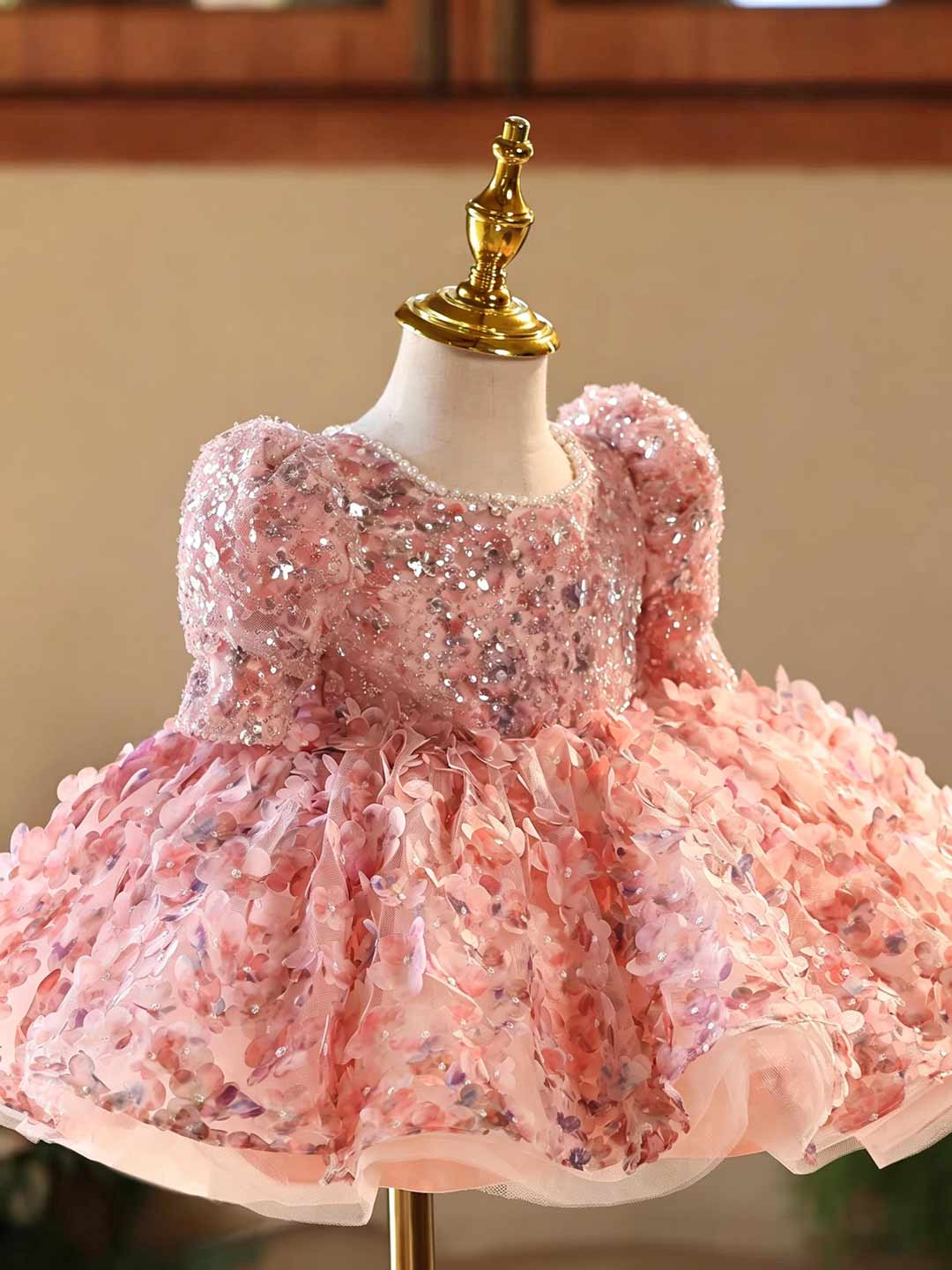 D602 pink floral puff sleeve flower girl dress